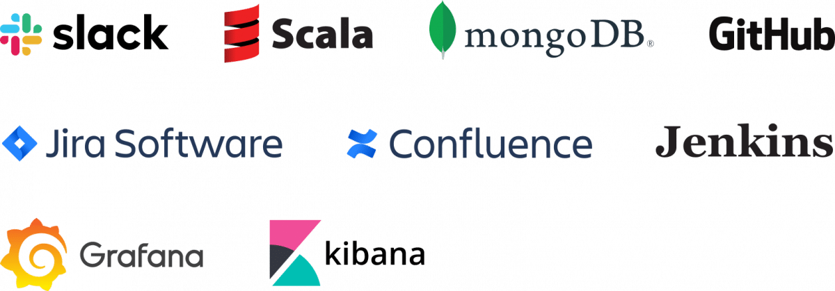 Logos for AWS, Github, Jira Software, Slack, Kibana, Scala, MongoDB, Grafana, Jenkins and Confluence