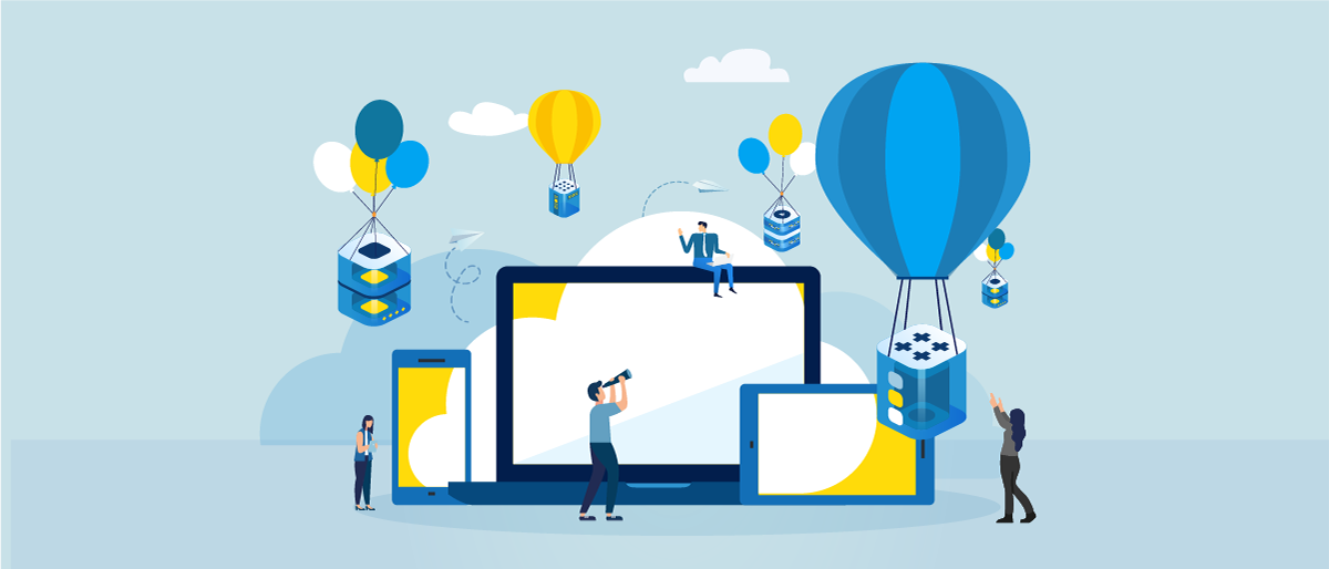 cartoon of small figures interacting with large laptop, tablet and smart phone screens with hot air balloons