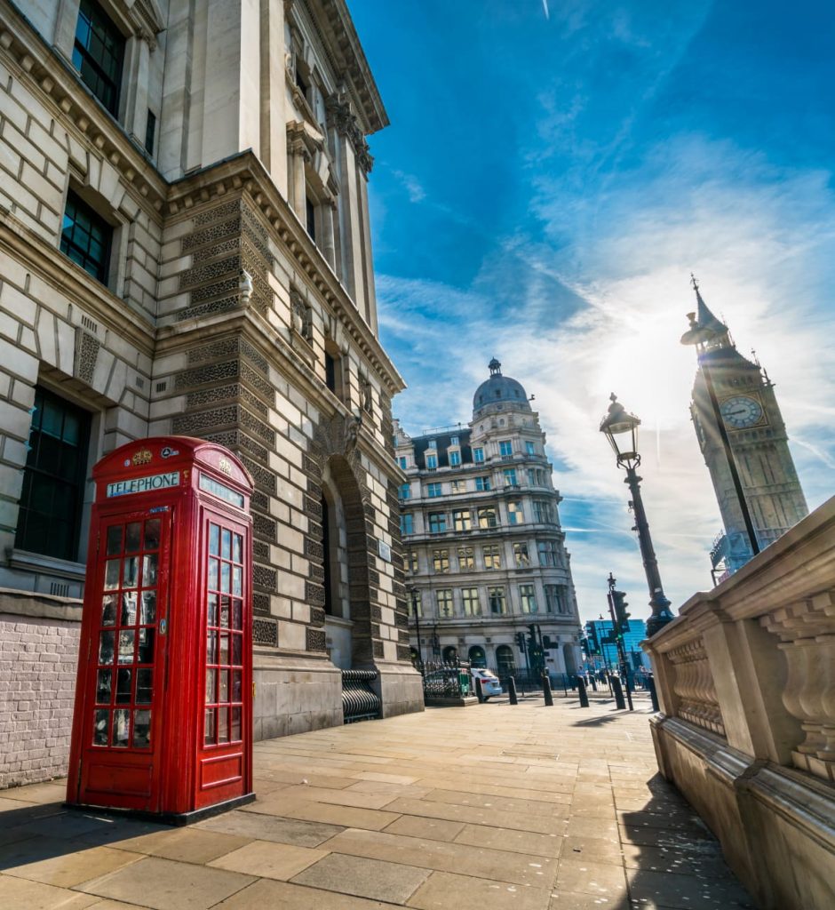 a sunny day in london featuring an iconic red phone box
