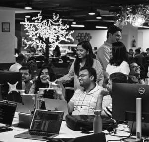 Members of the Equal Experts Team in India coworking together in an office space.