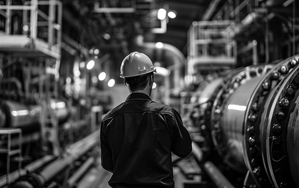 An engineer in uniform at factory checks equipment