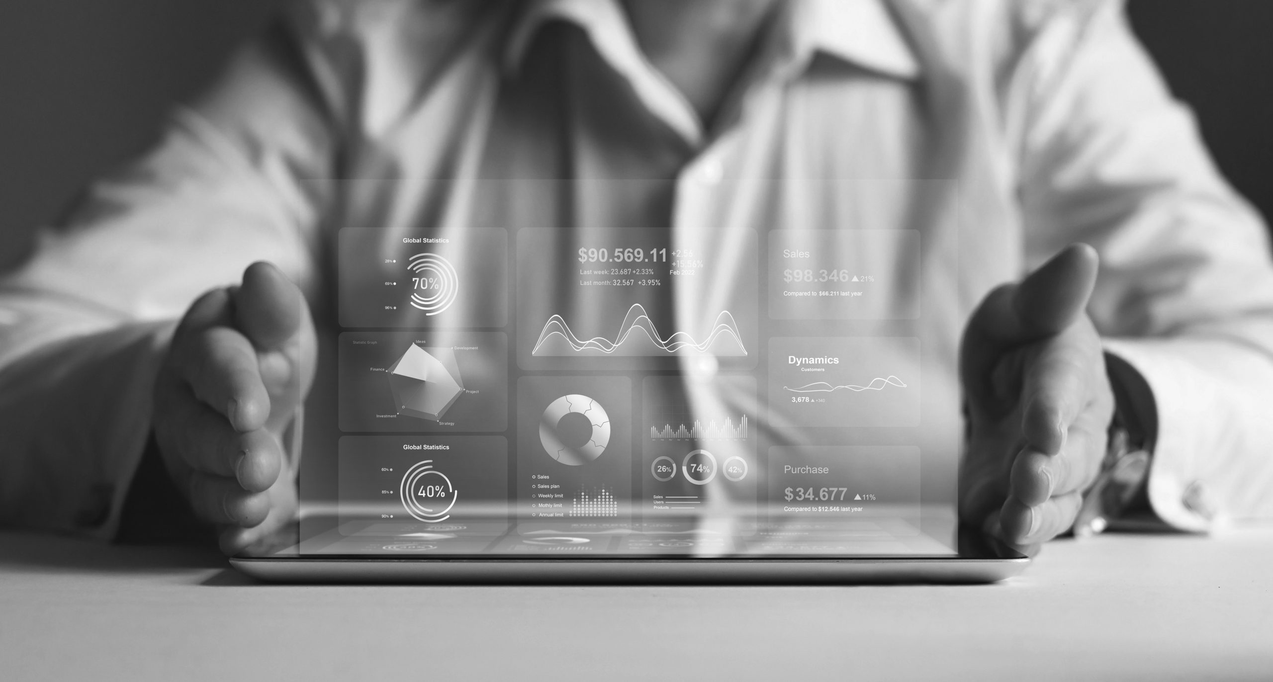 A person works at a tablet computer looking at various graphs and charts.