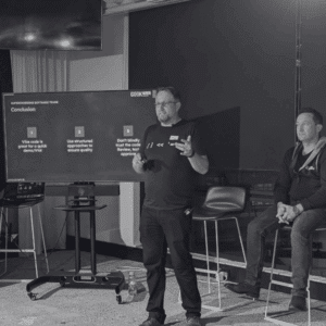 Dominik Fretz presenting on vibe coding during Sydney G[=]K event in September 2025