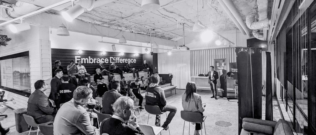 An audience of technology professional gathered to watch presentations at Sydney G[=]K in September 2025