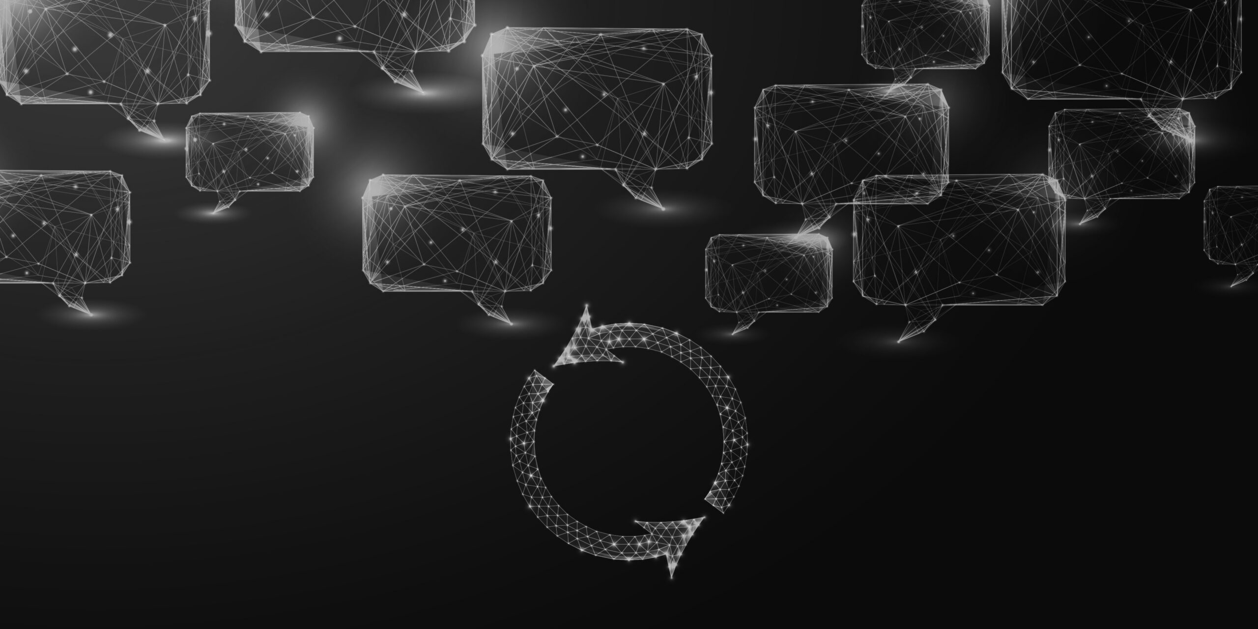 Abstract digital illustration of interconnected speech bubbles and circular arrows, representing continuous feedback loops, synchronised workflows and collaborative AI-assisted product delivery.