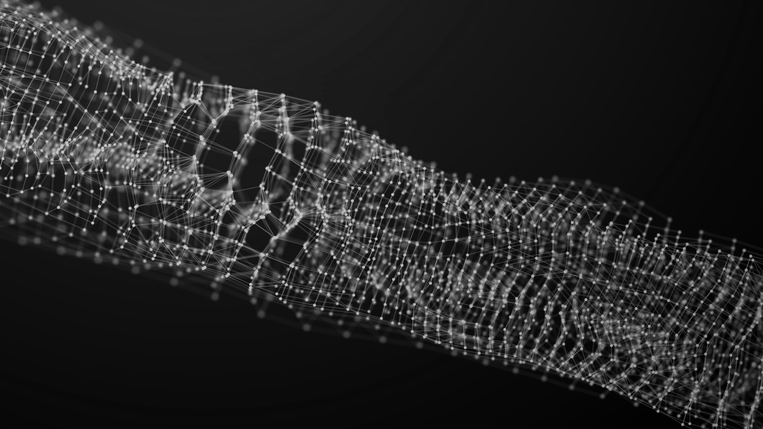 Abstract digital mesh network flowing across a dark blue background, with interconnected nodes and geometric structures representing shared context, collaborative intelligence and AI-enabled orchestration across the software delivery lifecycle.