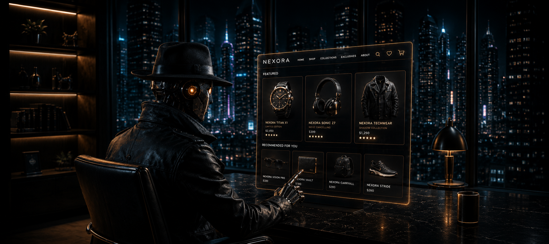 Humanoid robot browsing products on a futuristic digital shopping interface in a high-rise office overlooking a city skyline at night.