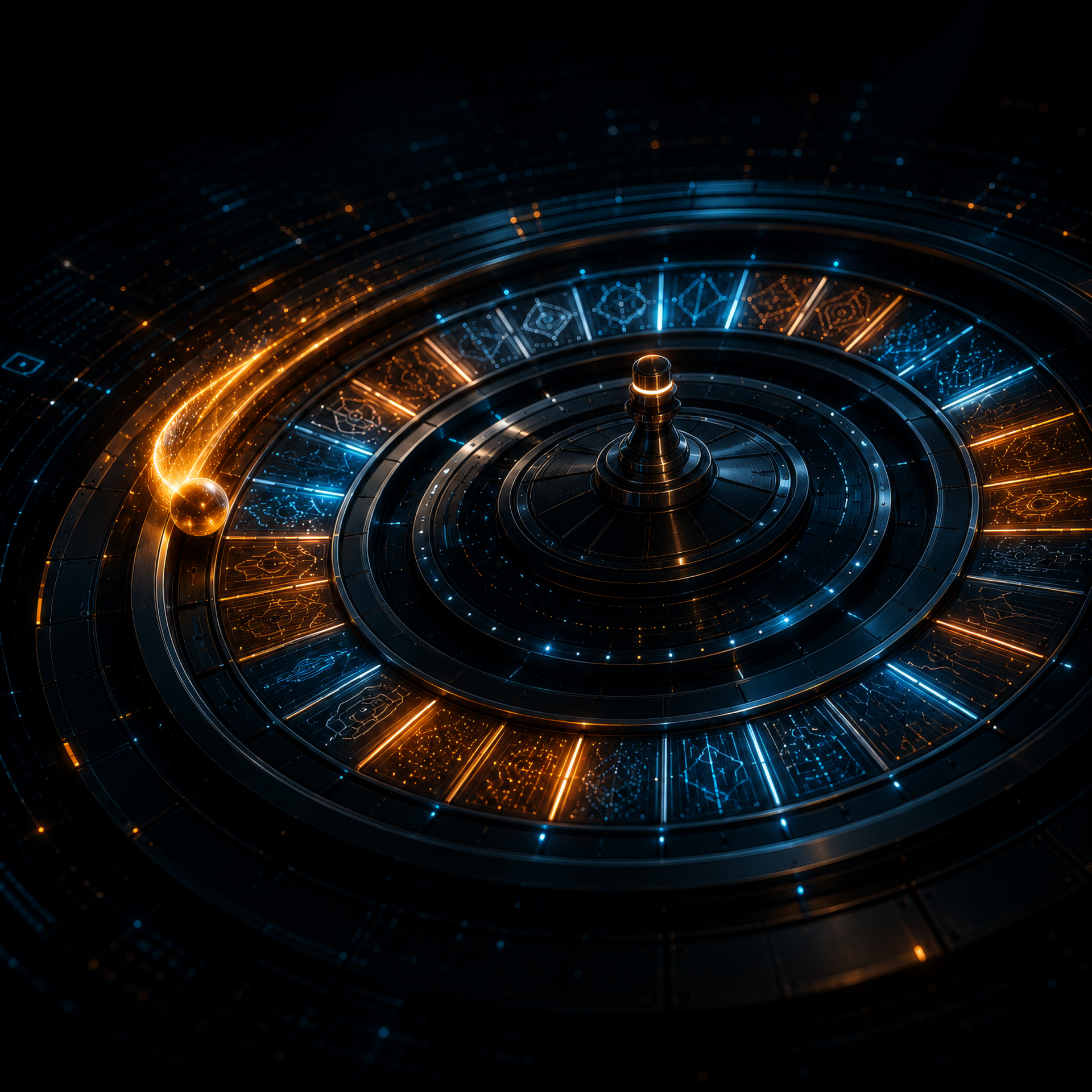Futuristic digital decision wheel representing AI agents, autonomous decision-making and agentic commerce.
