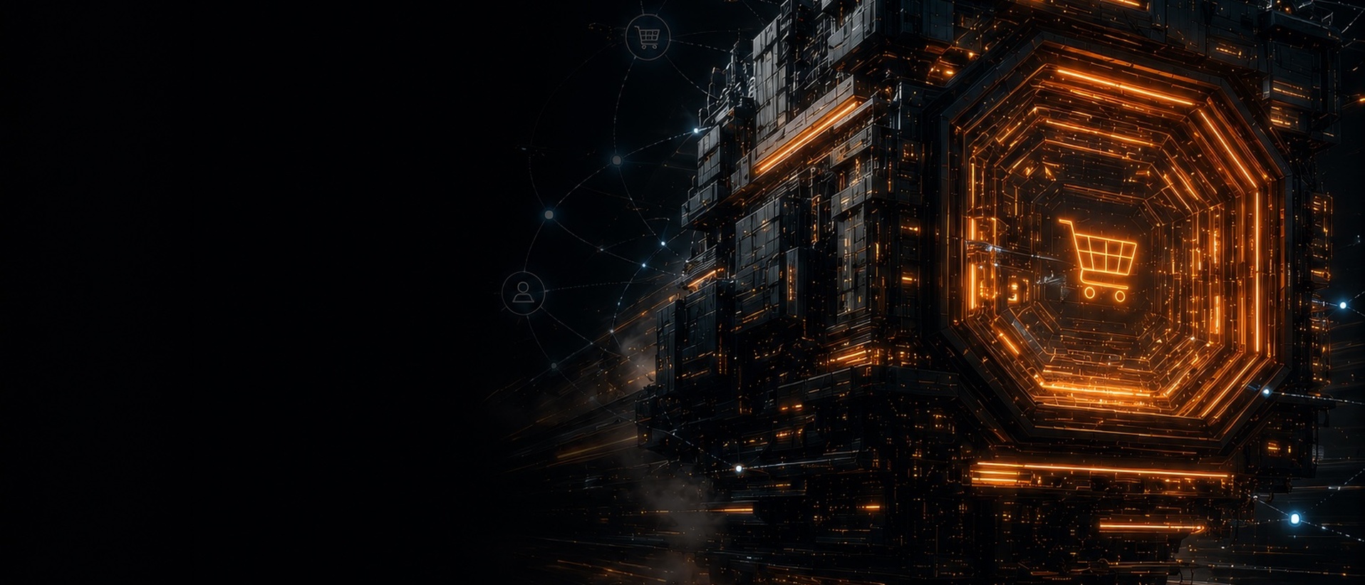 Futuristic digital shopping cart icon within an AI-powered commerce network representing agentic checkout and retail technology.